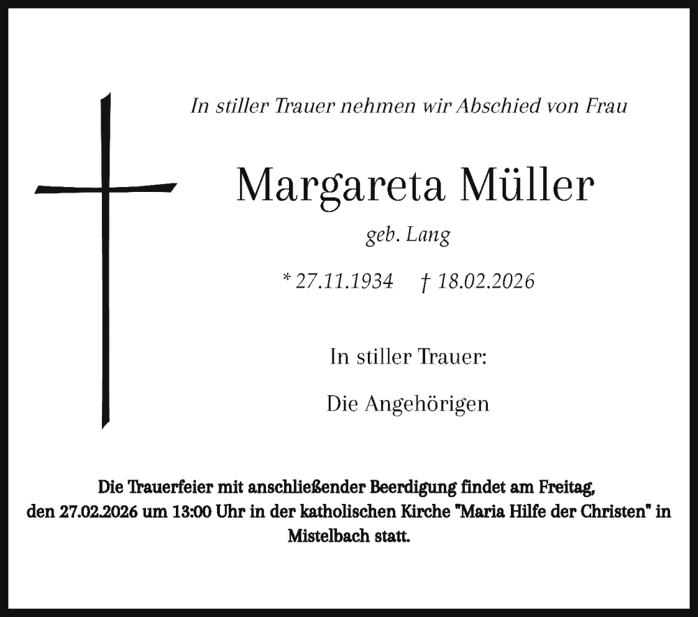 Traueranzeige für Margareta Müller vom 24.02.2026 aus Nordbayerischer Kurier