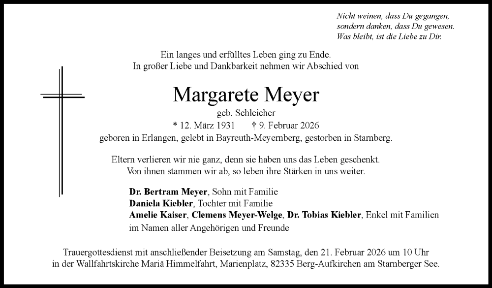  Traueranzeige für Margarete Meyer vom 14.02.2026 aus Nordbayerischer Kurier