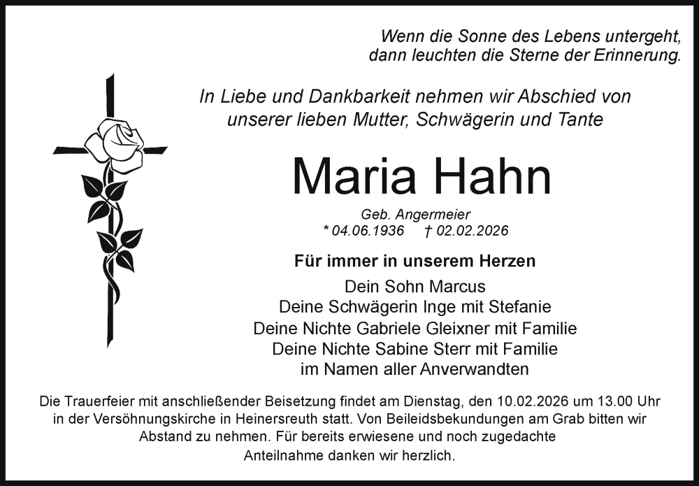  Traueranzeige für Maria Hahn vom 07.02.2026 aus Nordbayerischer Kurier