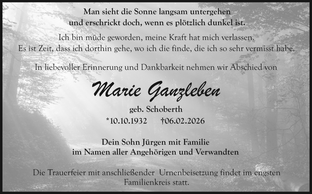  Traueranzeige für Marie Ganzleben vom 14.02.2026 aus Nordbayerischer Kurier