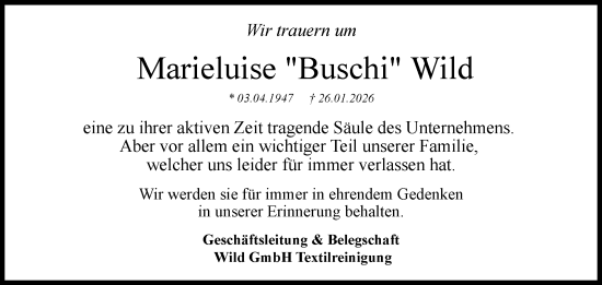 Anzeige von Marieluise Wild von Nordbayerischer Kurier
