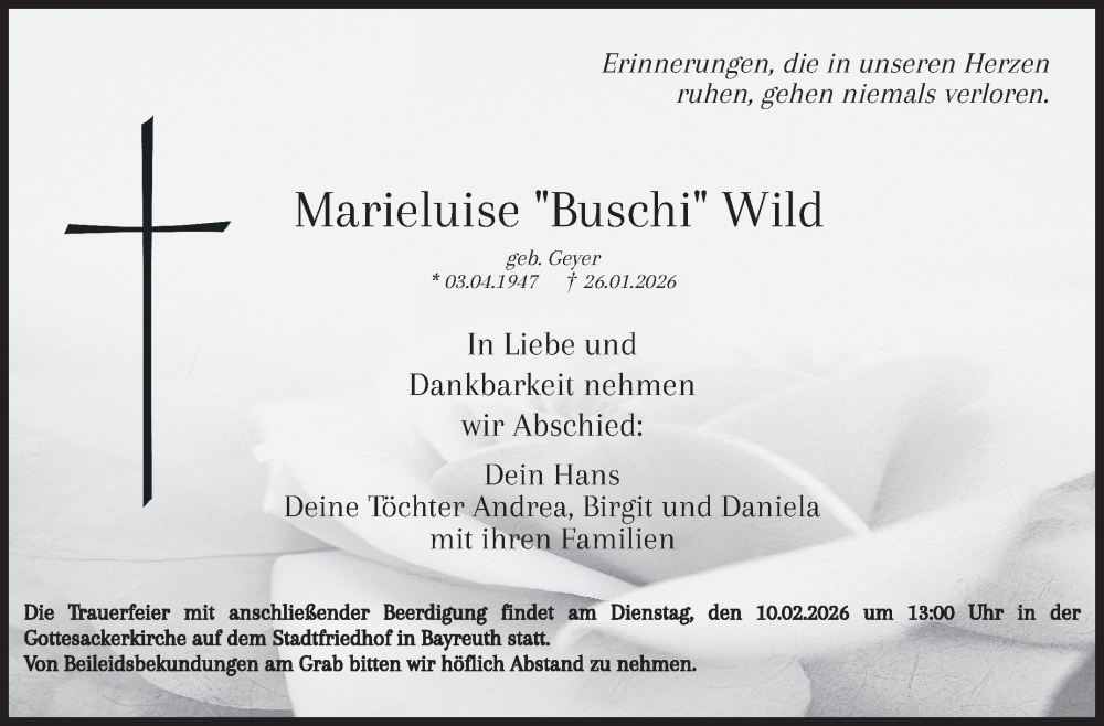  Traueranzeige für Marieluise Wild vom 06.02.2026 aus Nordbayerischer Kurier