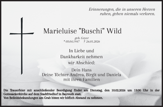 Anzeige von Marieluise Wild von Nordbayerischer Kurier
