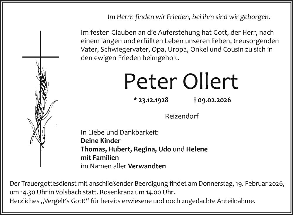  Traueranzeige für Peter Ollert vom 14.02.2026 aus Nordbayerischer Kurier