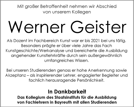 Anzeige von Werner Geister von Nordbayerischer Kurier